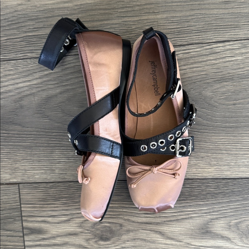 Jeffrey Campbell Choreo ballet flats in pink satin with black buckled straps. - Picture 6 of 16